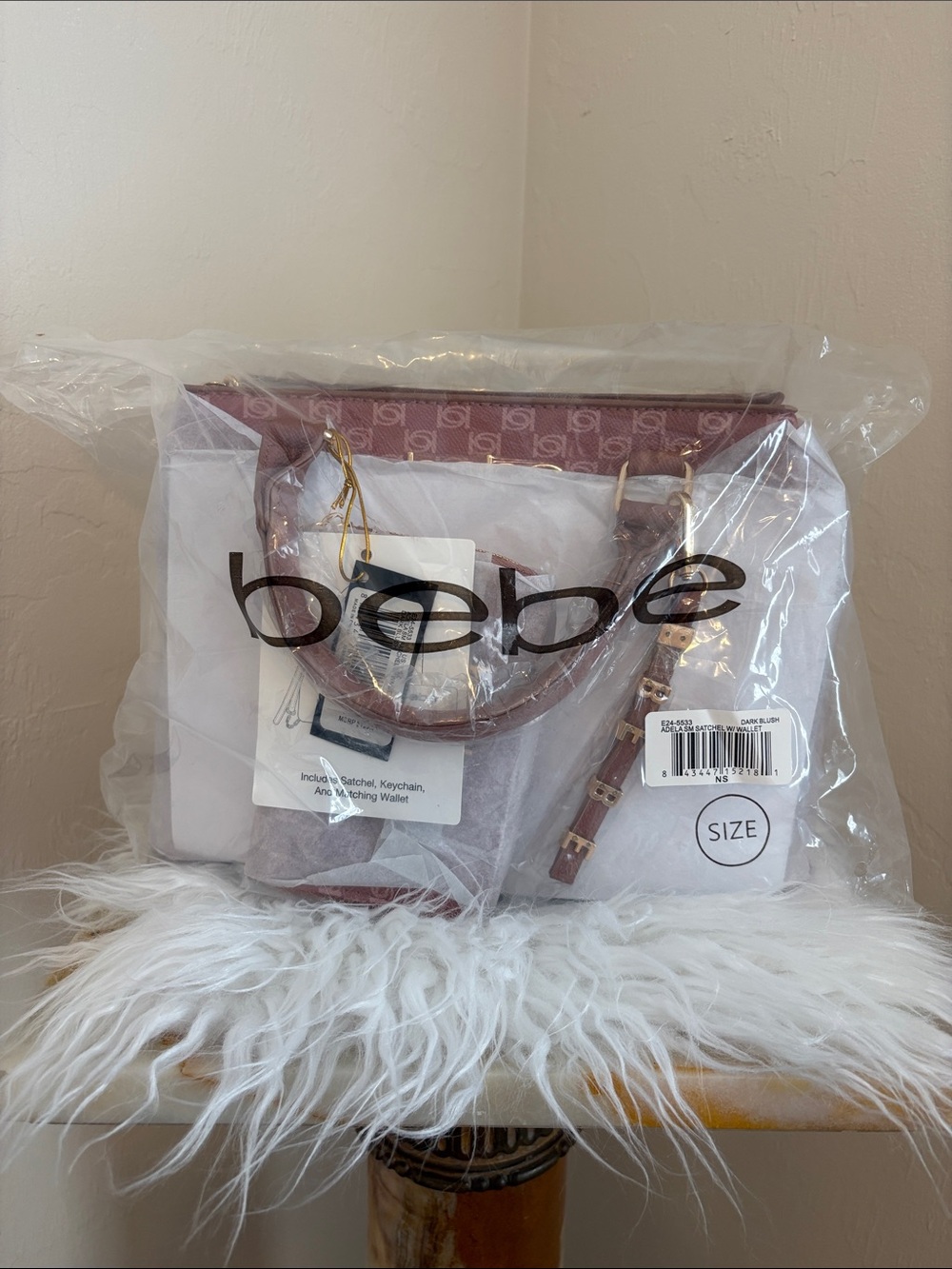NWT Bebe Adela Small Satchel Purse Set w/ Matching Wallet & Keychain/Dark Blush